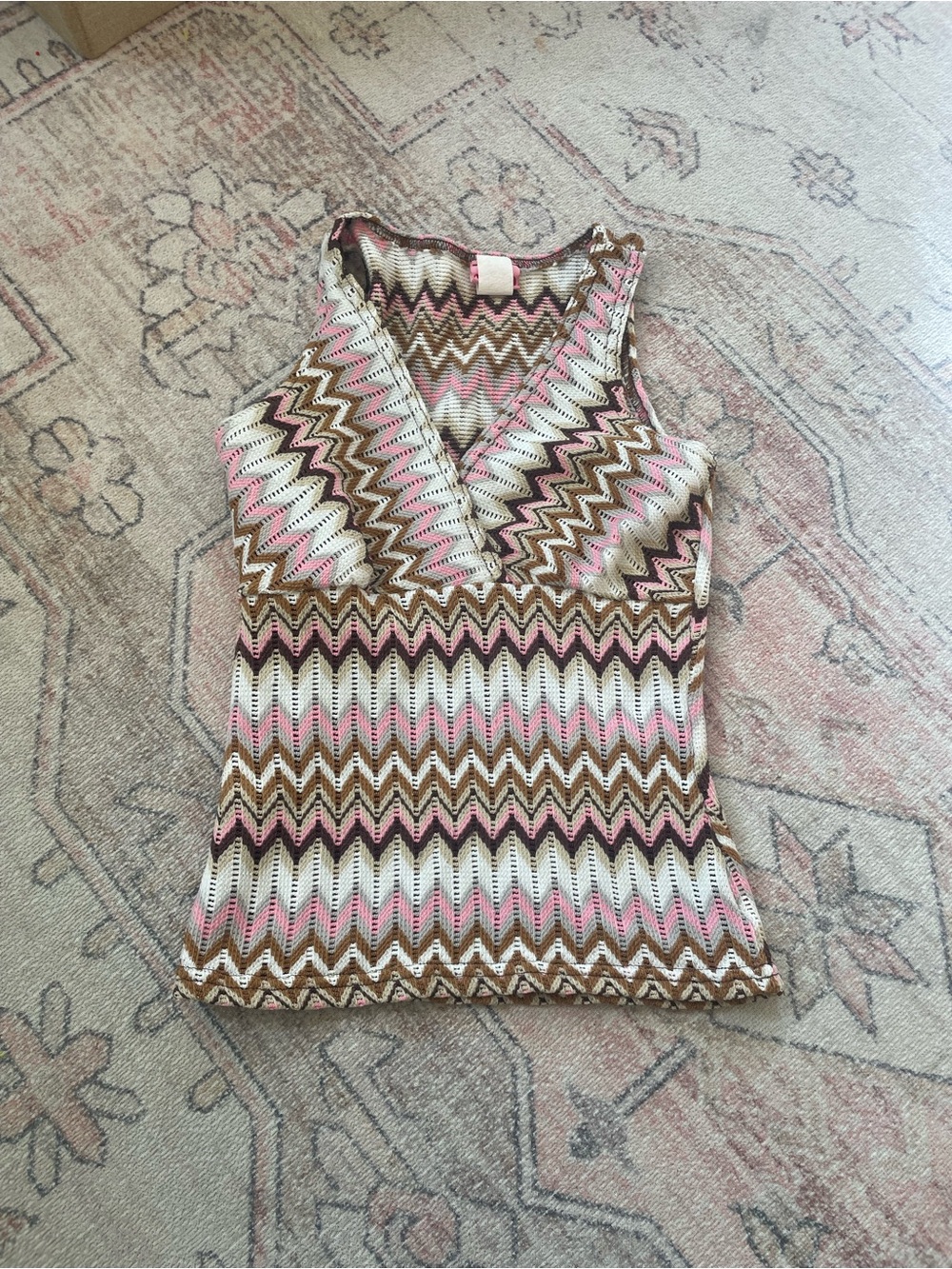 MOST Y2k Crochet Boho Zig Zag Striped Tank Pink and Brown Womens S